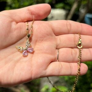 18K Gold Plated Stainless Steel Pink Diamond Butterfly Necklace